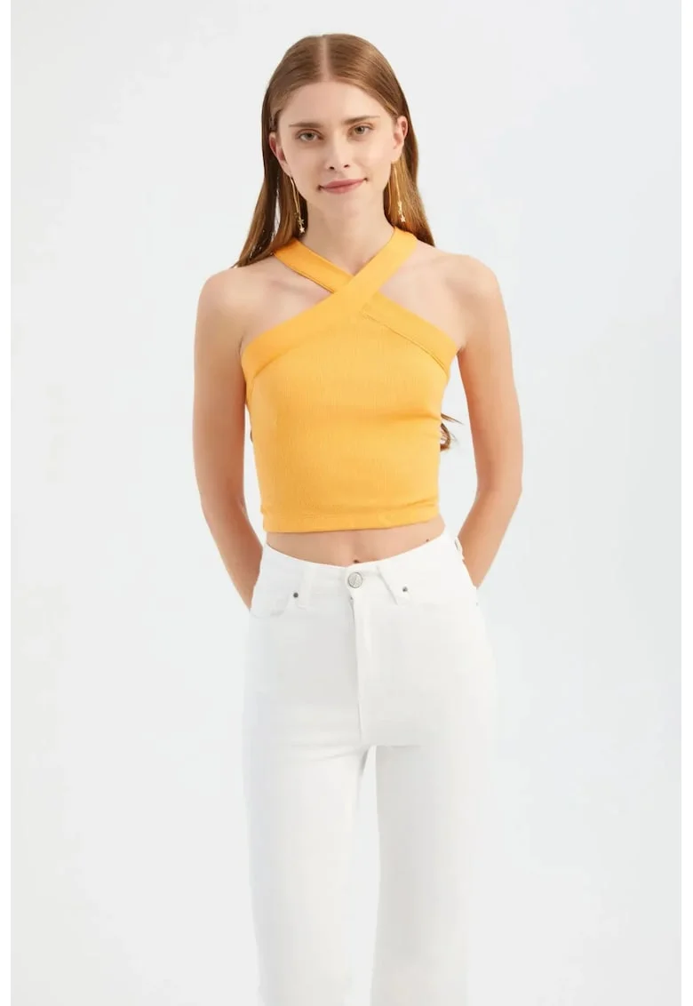 Top scurt,  decolteu halter, croiala incrucisata, portocaliu, jerseu