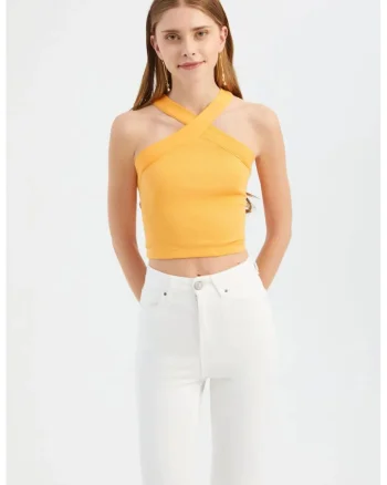 Top scurt,  decolteu halter, croiala incrucisata, portocaliu, jerseu