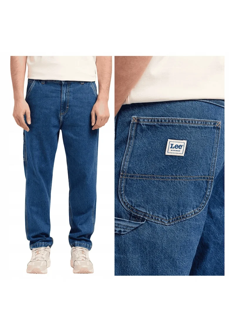 Blugi largi casual de barbati,  Albastru, Model CARPENTER, Croiala foarte lejera Loose fit, Talie joasa moderna, Inchidere confortabila cu fermoar, Stil urban relaxat, Albastru