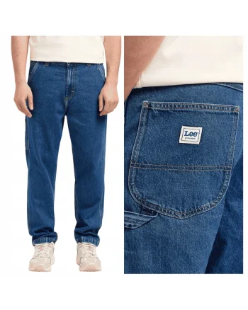 Blugi largi casual de barbati,  Albastru, Model CARPENTER, Croiala foarte lejera Loose fit, Talie joasa moderna, Inchidere confortabila cu fermoar, Stil urban relaxat, Albastru