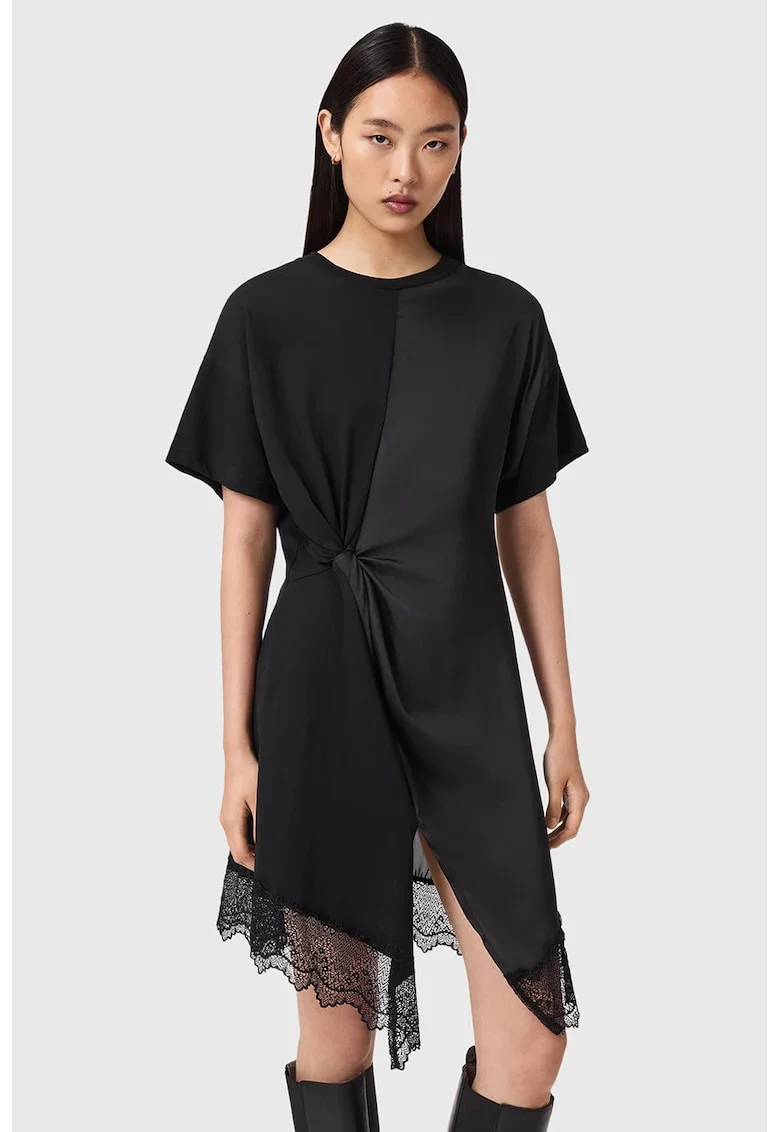 Rochie asimetrica cu detaliu rasucit si dantela Lana, Negru