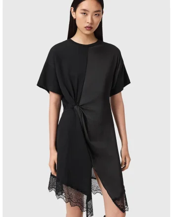 Rochie asimetrica cu detaliu rasucit si dantela Lana, Negru