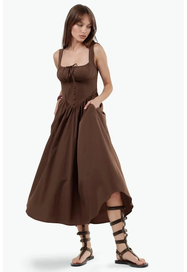 Rochie midi  detalii cu nasturi, maro, bumbac/poliester