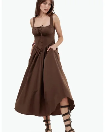 Rochie midi  detalii cu nasturi, maro, bumbac/poliester