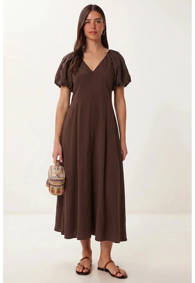 Rochie Midi, Happiness Istanbul, A-line, decolteu in V, maro, crep 50% bumbac, 50% poliester