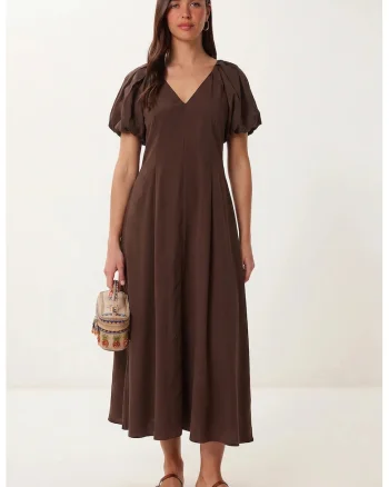 Rochie Midi, Happiness Istanbul, A-line, decolteu in V, maro, crep 50% bumbac, 50% poliester