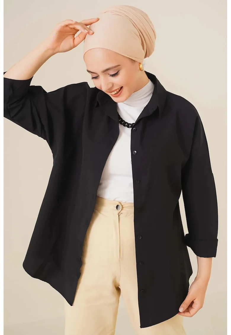 Camasa,  poplin, croiala lejera, negru, bumbac-poliester