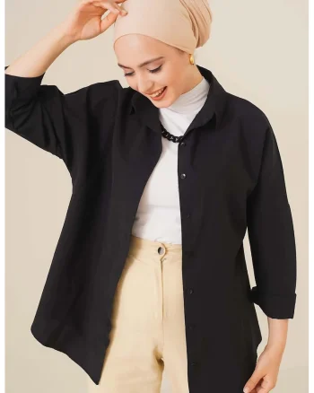 Camasa,  poplin, croiala lejera, negru, bumbac-poliester