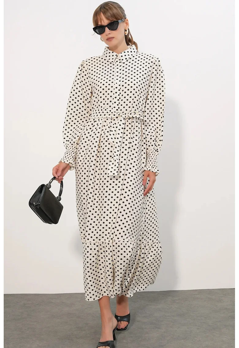 Rochie camasa midi  paisley, alb, viscoza si nailon, cu cordon