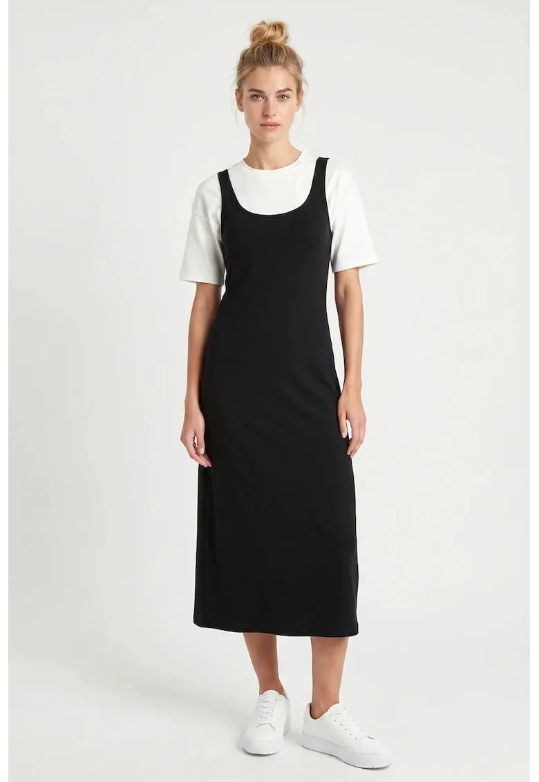 Rochie Midi, Happiness Istanbul, fara maneci, neagra, jerseu cu elastan