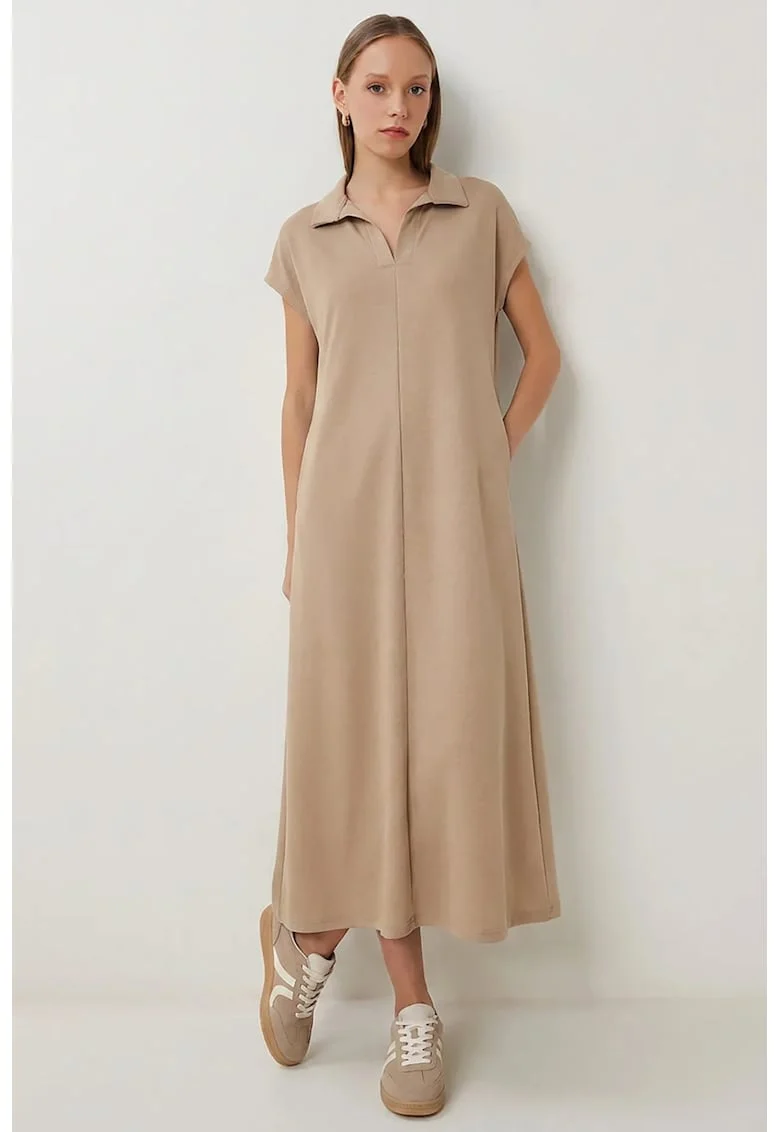 Rochie Midi Happiness Istanbul, Guler Polo, Buzunar, Bej Natural, Bumbac cu Elastan