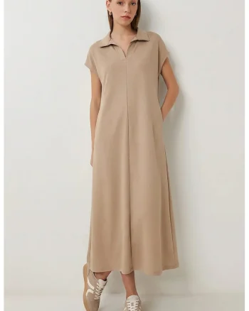 Rochie Midi Happiness Istanbul, Guler Polo, Buzunar, Bej Natural, Bumbac cu Elastan