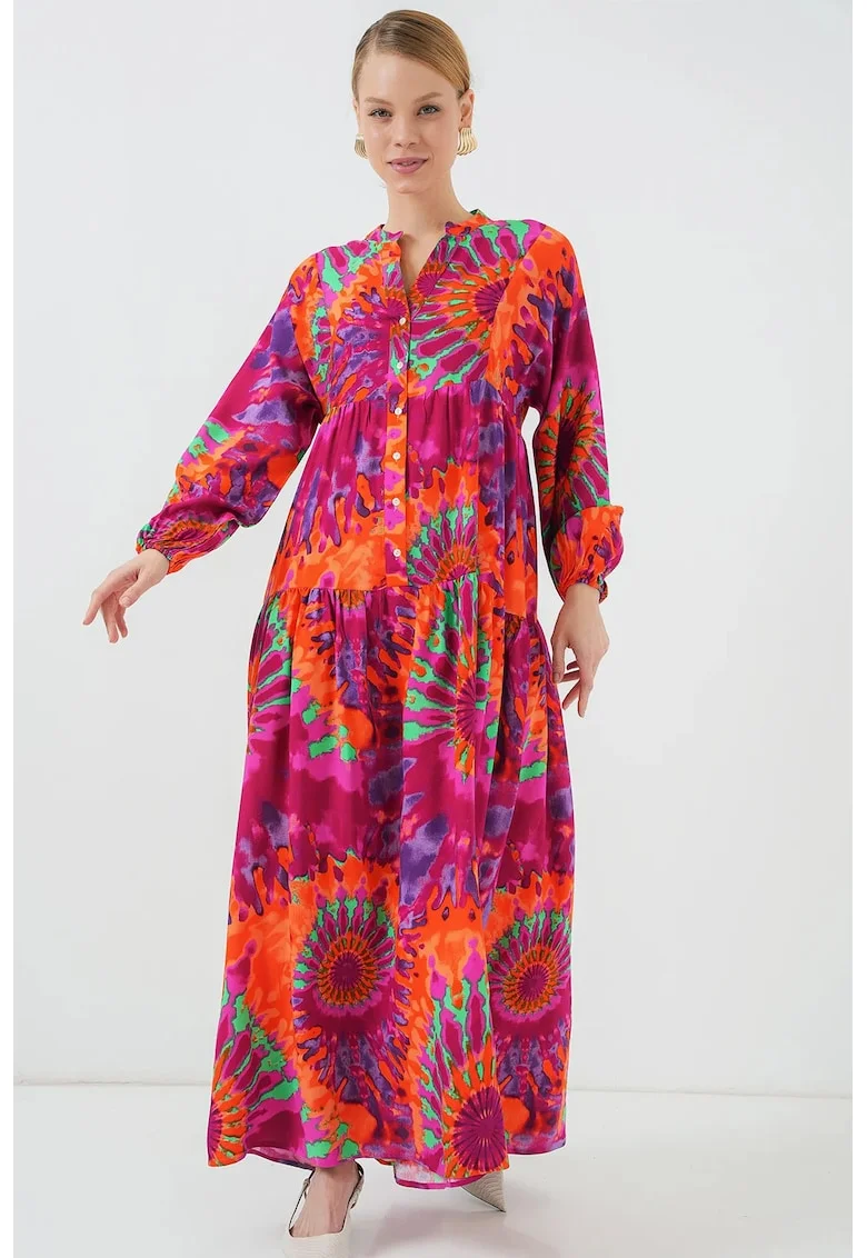 Rochie Maxi  cu imprimeu, decolteu in V, maneci lungi, multicolor, viscoza