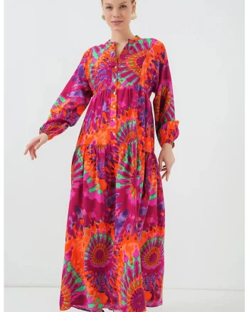 Rochie Maxi  cu imprimeu, decolteu in V, maneci lungi, multicolor, viscoza