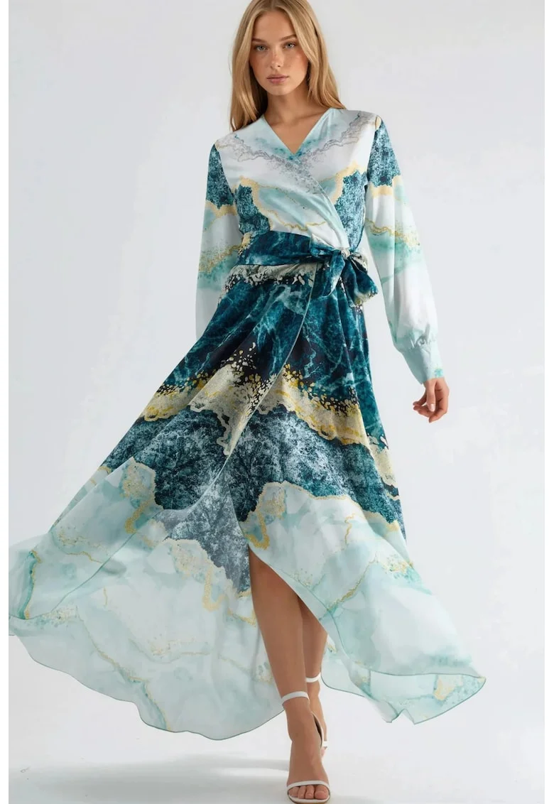 Rochie Maxi,  imprimeu abstract, verde, poliester cu lycra,