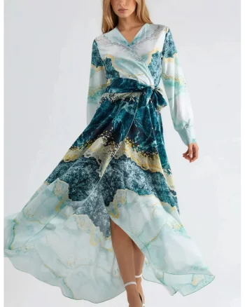 Rochie Maxi,  imprimeu abstract, verde, poliester cu lycra,