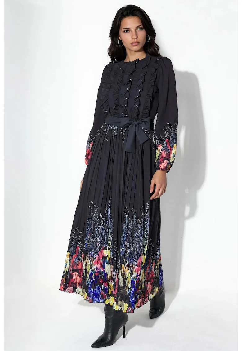 Rochie Maxi,  Floral, Multicolor, Poplin, Maneci lungi