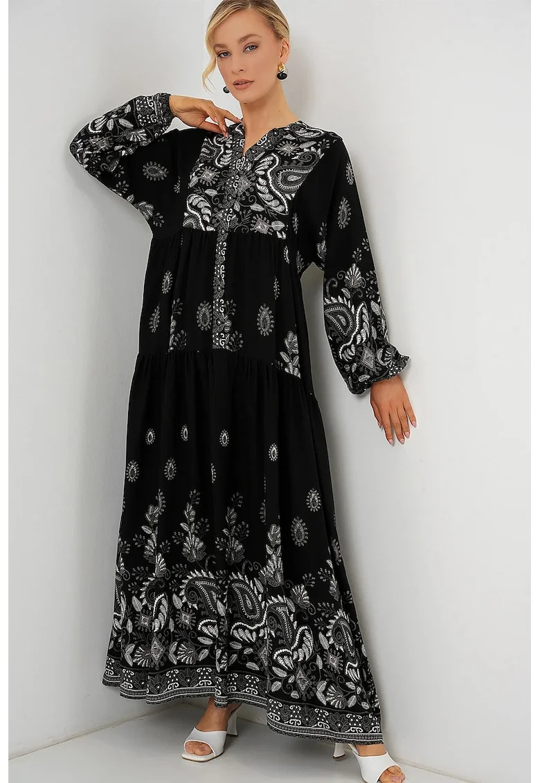 Rochie Maxi  cu Decolteu in V, Maneci Lungi, Multicolor, Viscoza