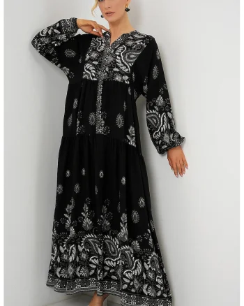 Rochie Maxi  cu Decolteu in V, Maneci Lungi, Multicolor, Viscoza