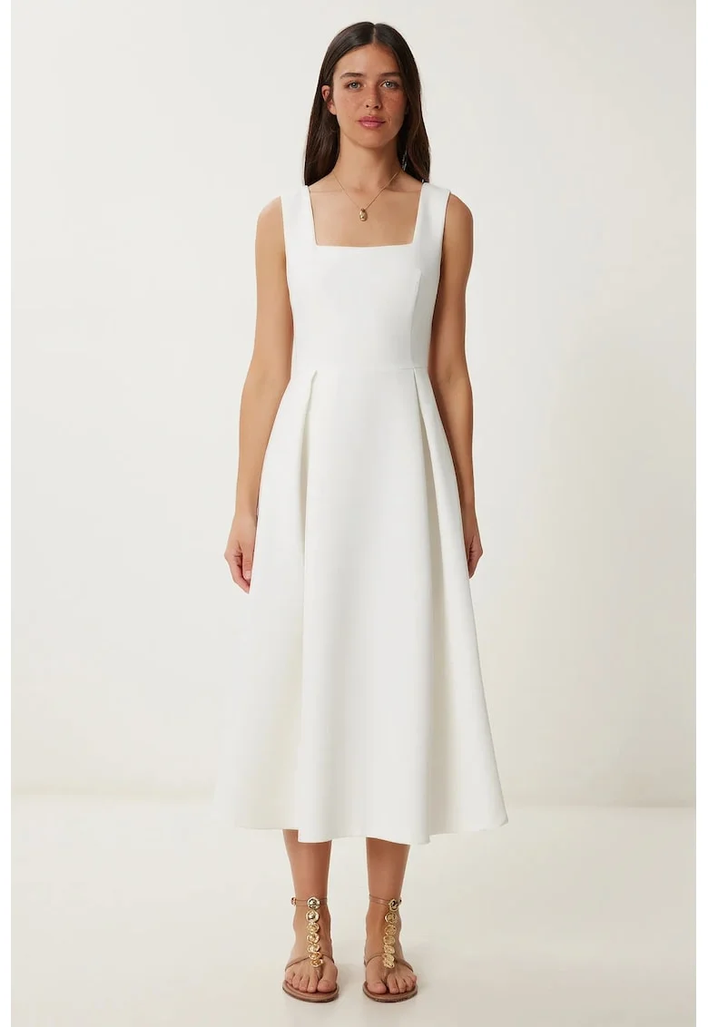 Rochie Midi, Happiness Istanbul, guler patrat, croiala A-line, alb, poliester