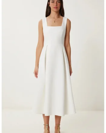 Rochie Midi, Happiness Istanbul, guler patrat, croiala A-line, alb, poliester
