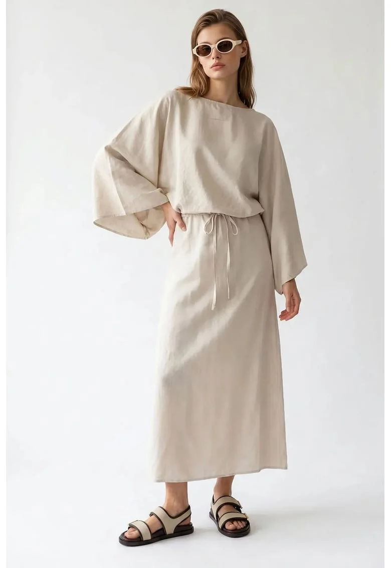 Rochie Maxi,  Casual, Bej Natural, Detaliu cu Snur, Poliester-Bumbac