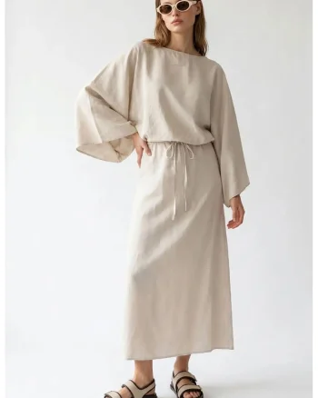 Rochie Maxi,  Casual, Bej Natural, Detaliu cu Snur, Poliester-Bumbac