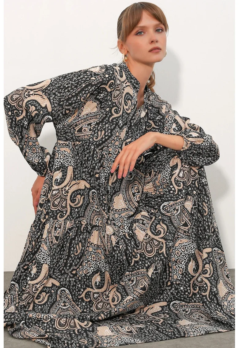Rochie Maxi,  Etnic, Maneci lungi, Multicolora, Viscoza