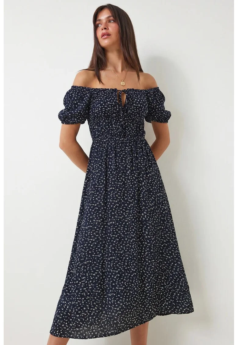 Rochie Midi, Happiness Istanbul, Albastru Marin, cu imprimeu floral, maneci scurte, 100% viscoza