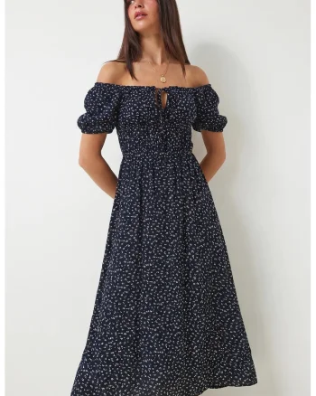 Rochie Midi, Happiness Istanbul, Albastru Marin, cu imprimeu floral, maneci scurte, 100% viscoza