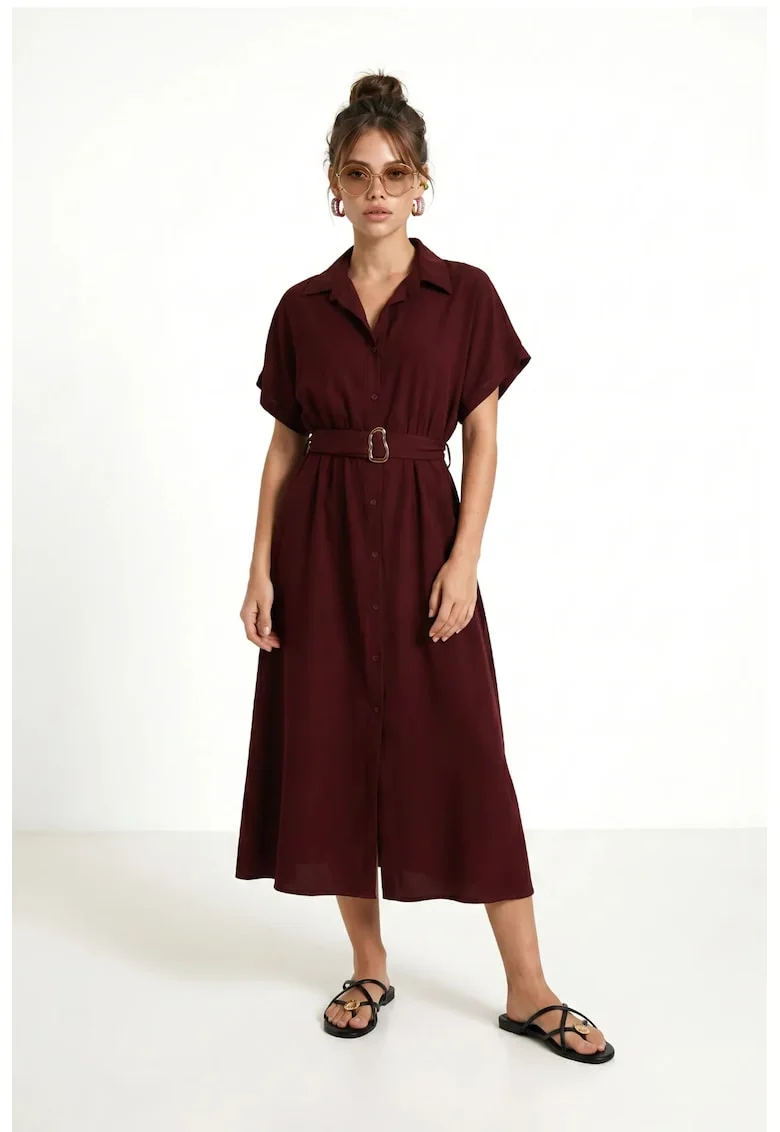 Rochie Midi Camasa Happiness Istanbul, Rosu, bumbac-poliester, cu curea, maneci scurte