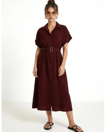 Rochie Midi Camasa Happiness Istanbul, Rosu, bumbac-poliester, cu curea, maneci scurte
