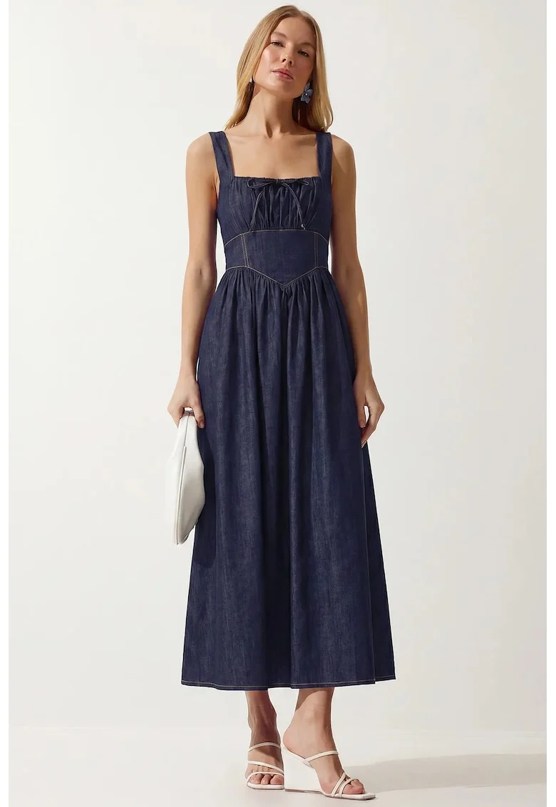 Rochie Midi, Happiness Istanbul, A-line, decolteu patrat, bleumarin, denim