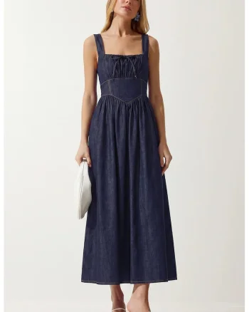 Rochie Midi, Happiness Istanbul, A-line, decolteu patrat, bleumarin, denim