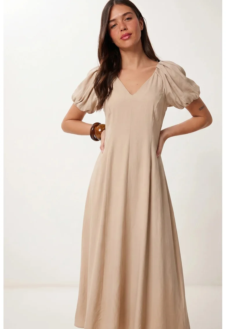 Rochie Midi A-line Femei Happiness Istanbul, Bej Natural, Casual, 50% bumbac, 50% poliester