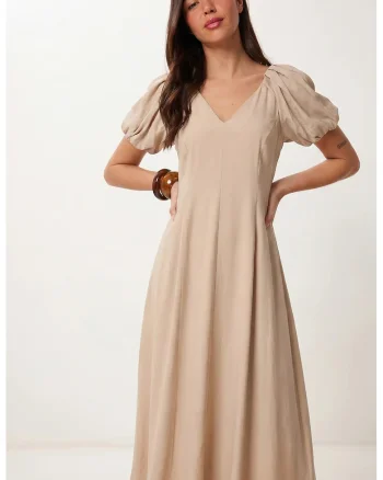 Rochie Midi A-line Femei Happiness Istanbul, Bej Natural, Casual, 50% bumbac, 50% poliester