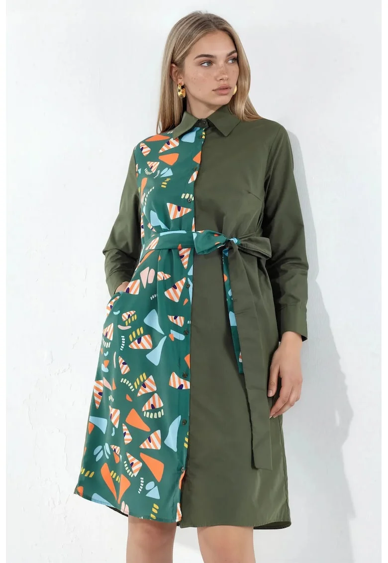 Rochie tip camasa mini,  multicolor, detaliu snur, poplin tesut