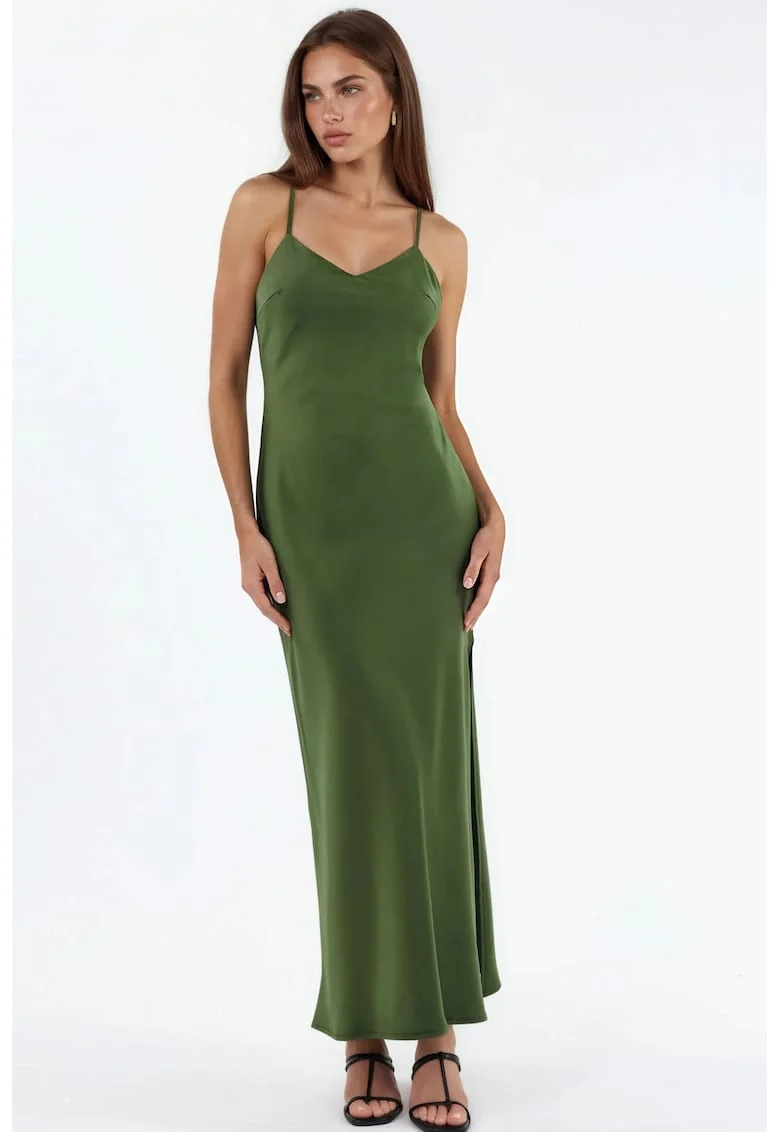 Rochie Midi,  mulata, decolteu in V, verde kaki, 100% poliester