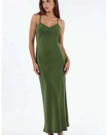 Rochie Midi,  mulata, decolteu in V, verde kaki, 100% poliester