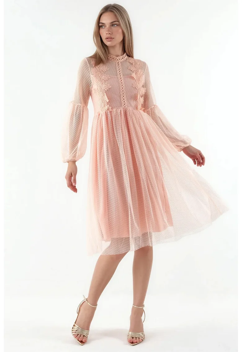 Rochie Midi A-Line  Dantela, Roz Pudra, Tul, Maneci Lungi
