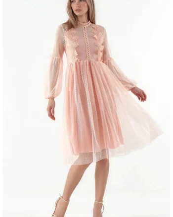 Rochie Midi A-Line  Dantela, Roz Pudra, Tul, Maneci Lungi