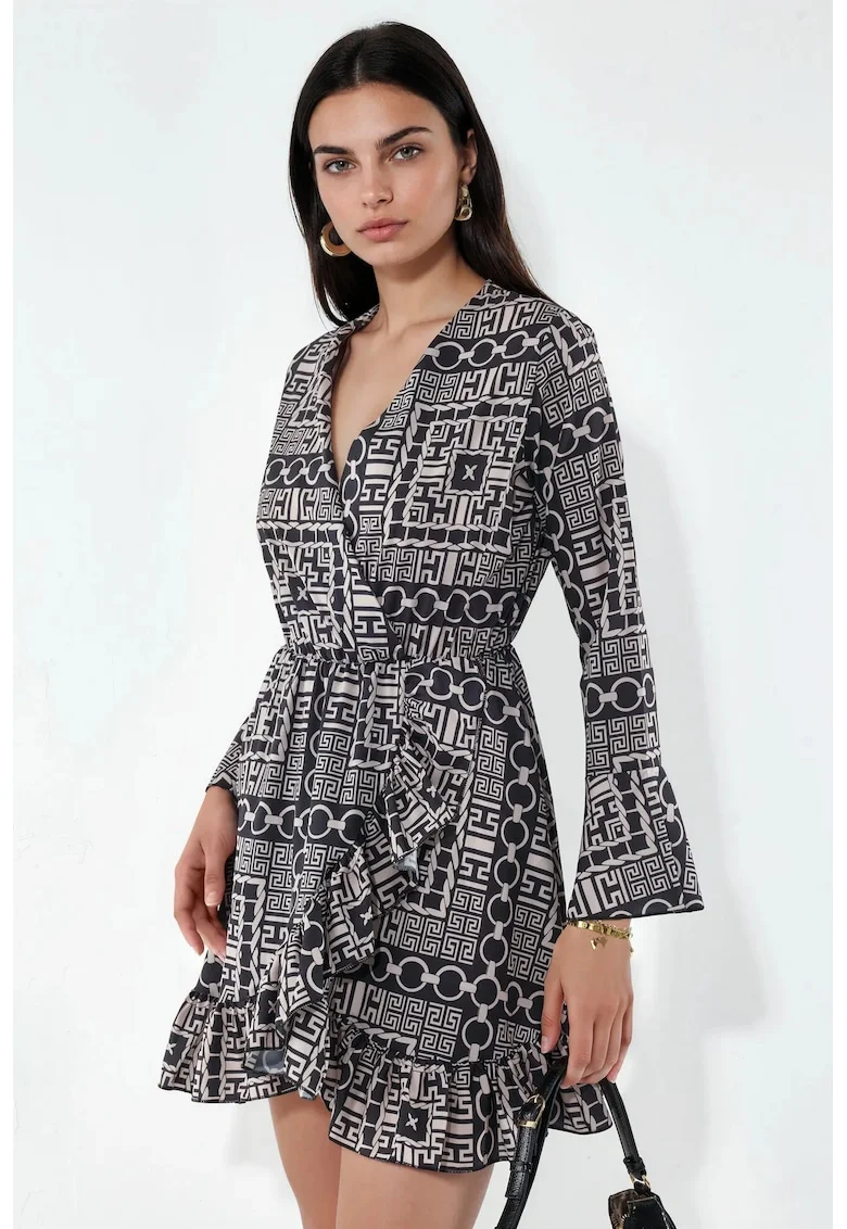 Rochie Mini,  Petrecuta cu Cordon in Talie, Bej Natural, Geometric, Maneca Lunga
