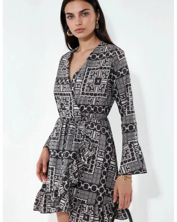 Rochie Mini,  Petrecuta cu Cordon in Talie, Bej Natural, Geometric, Maneca Lunga