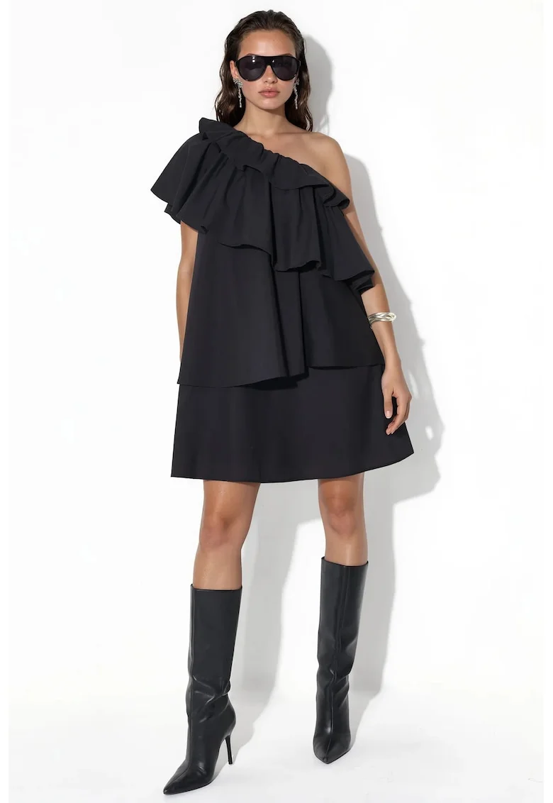 Rochie Mini Asimetrica,  Neagra, Poliester cu Lycra, Detalii cu Volane