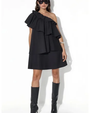 Rochie Mini Asimetrica,  Neagra, Poliester cu Lycra, Detalii cu Volane