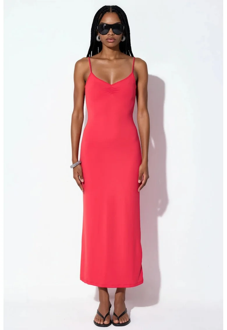 Rochie midi,  rochie tip furou, decolteu in V, rosu, jerseu de lycra