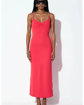 Rochie midi,  rochie tip furou, decolteu in V, rosu, jerseu de lycra