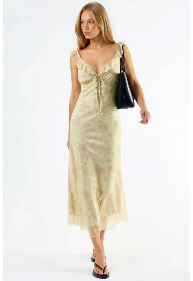 Rochie Midi  florala, decolteu in V, crem natural, poliester-elastan