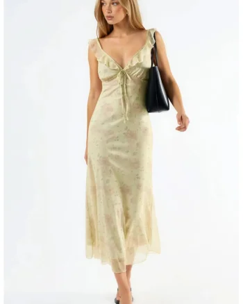 Rochie Midi  florala, decolteu in V, crem natural, poliester-elastan