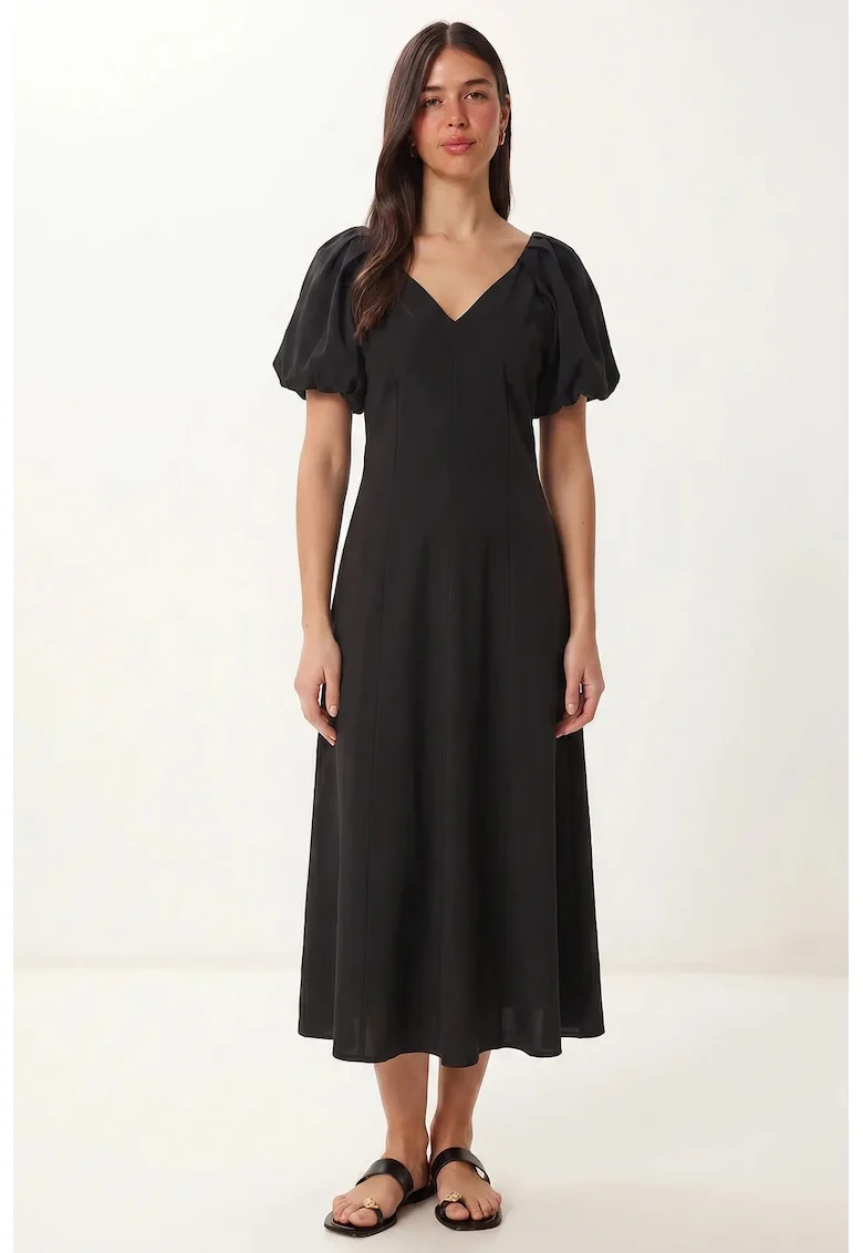 Rochie Midi A-line Femei Happiness Istanbul, Negru, decolteu in V, maneci scurte, crep tesut